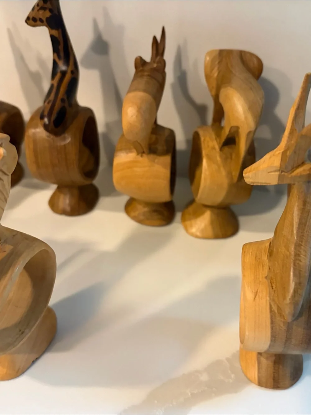 1970s Vintage Hand Carved Wooden Safari Animal Napkin Rings Set of 12